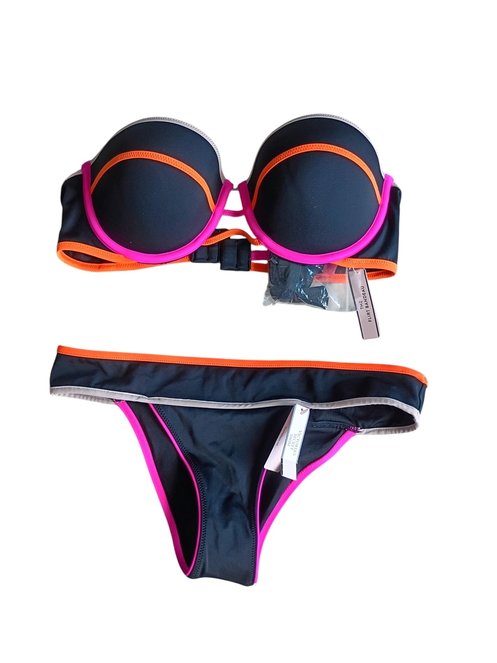 Victoria's Secret Black Bikini Set with Neon Pink and Orange Trim 36C & M NWT